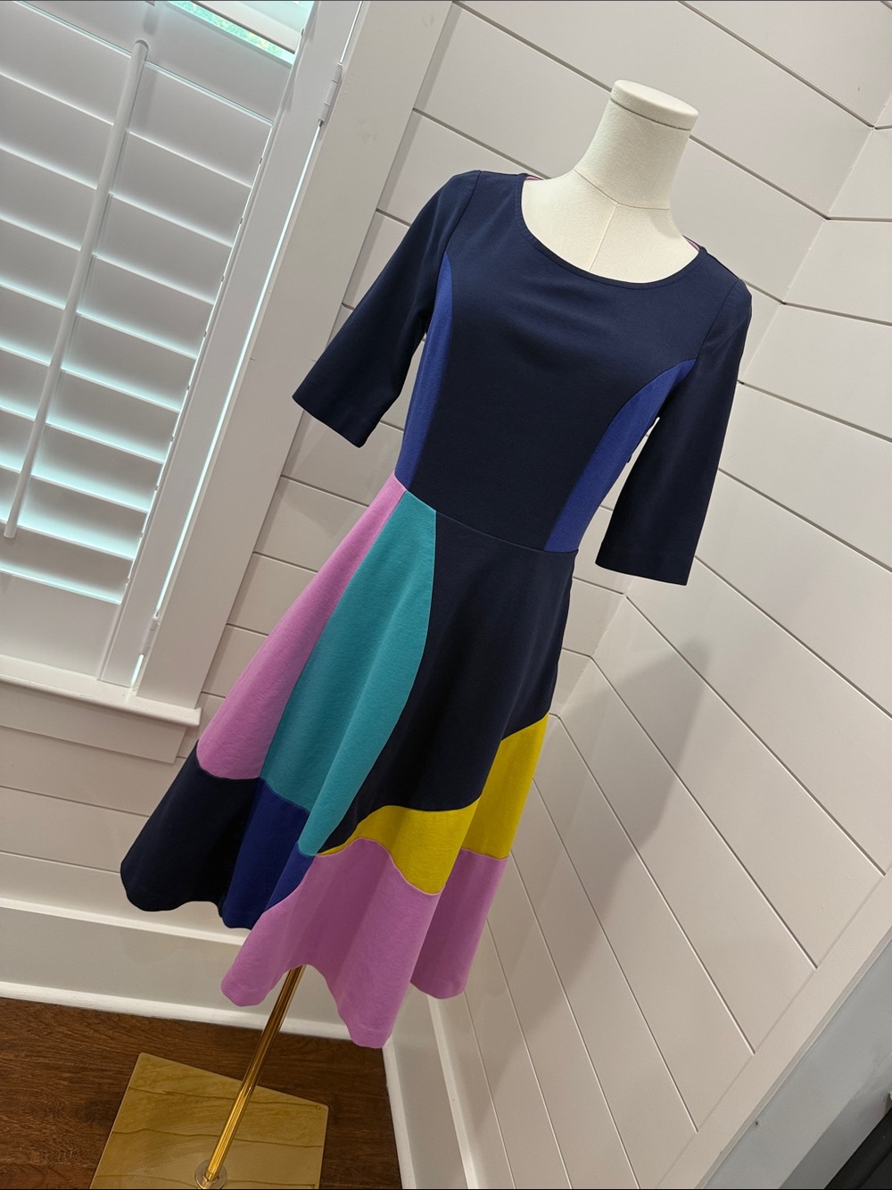 Boden Navy Fit-and-Flare Dress with Pink, Teal & Yellow Panels